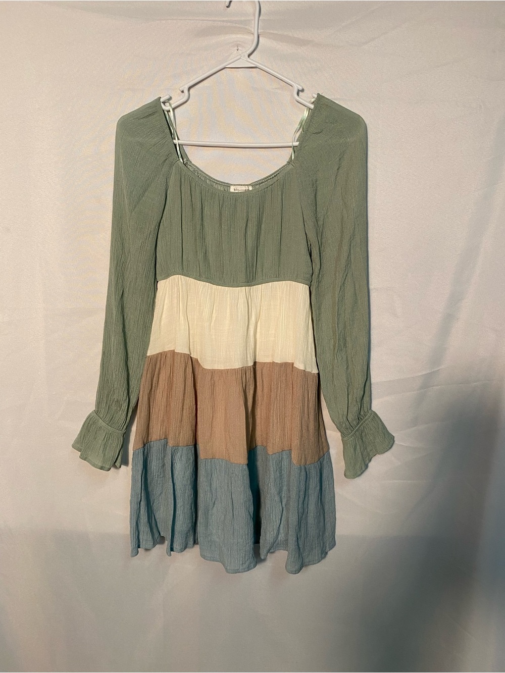 Fairycore Tiered Long-Sleeve Colorblock Dress in Sage, Cream, Tan & Blue